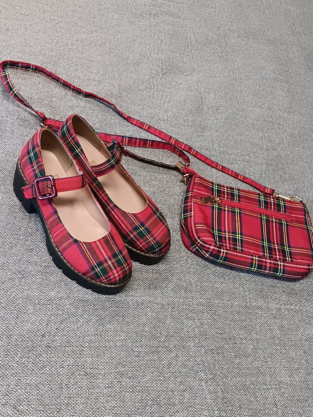 Plaid Mary Jane Shoes & Matching Crossbody Bag Set - Bundle